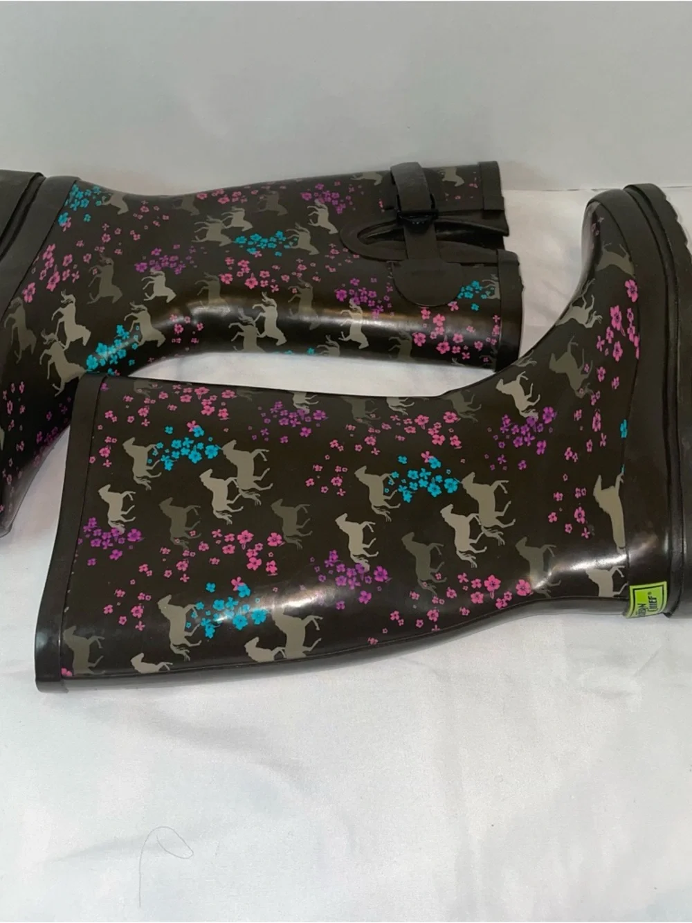 Western Chief Black Floral Horse Rain Boots with Pink & Blue‎ Accents